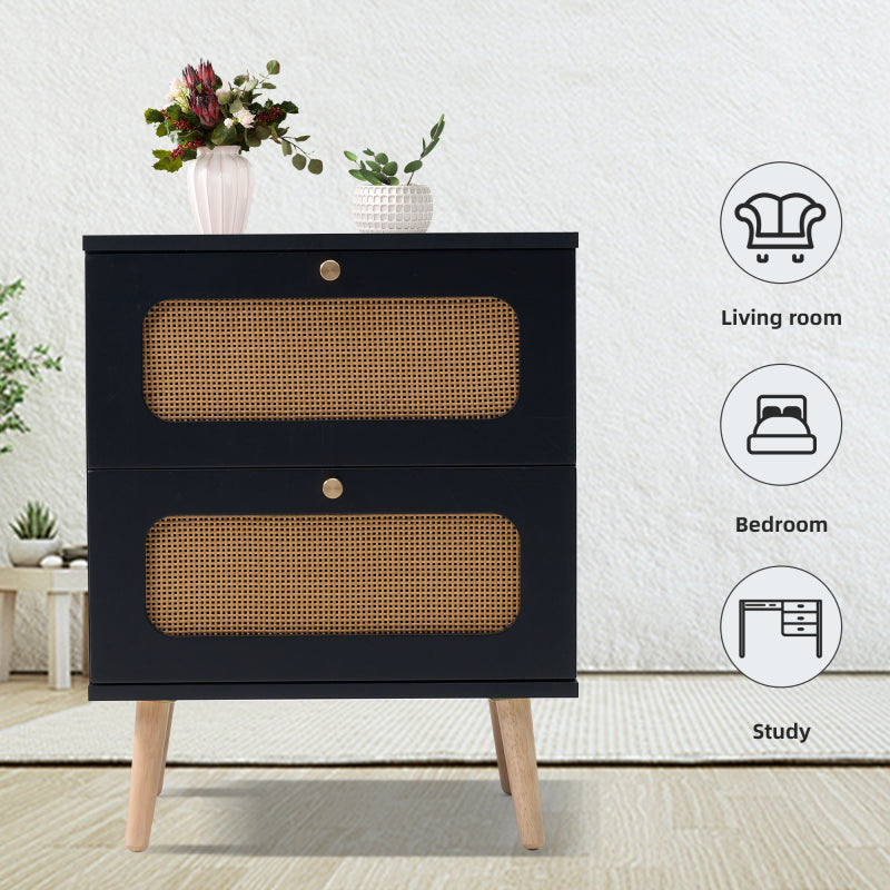 Boho Rattan Nightstand for Bedroom with Handwoven Fronts
