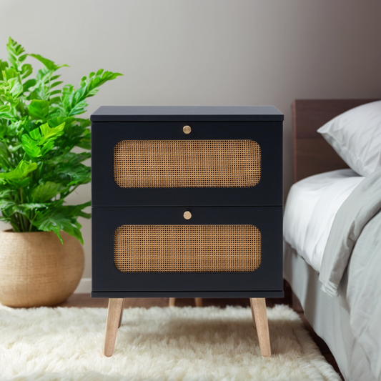 Boho Rattan Nightstand for Bedroom with Handwoven Fronts