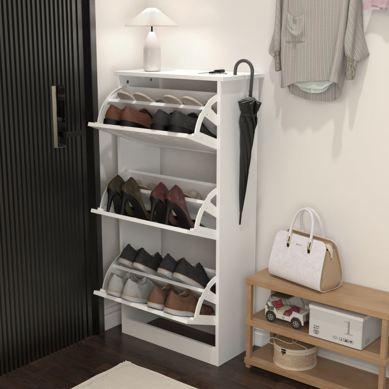 Modern Slim White Shoe Cabinet for Entryway, 3 Flip Doors