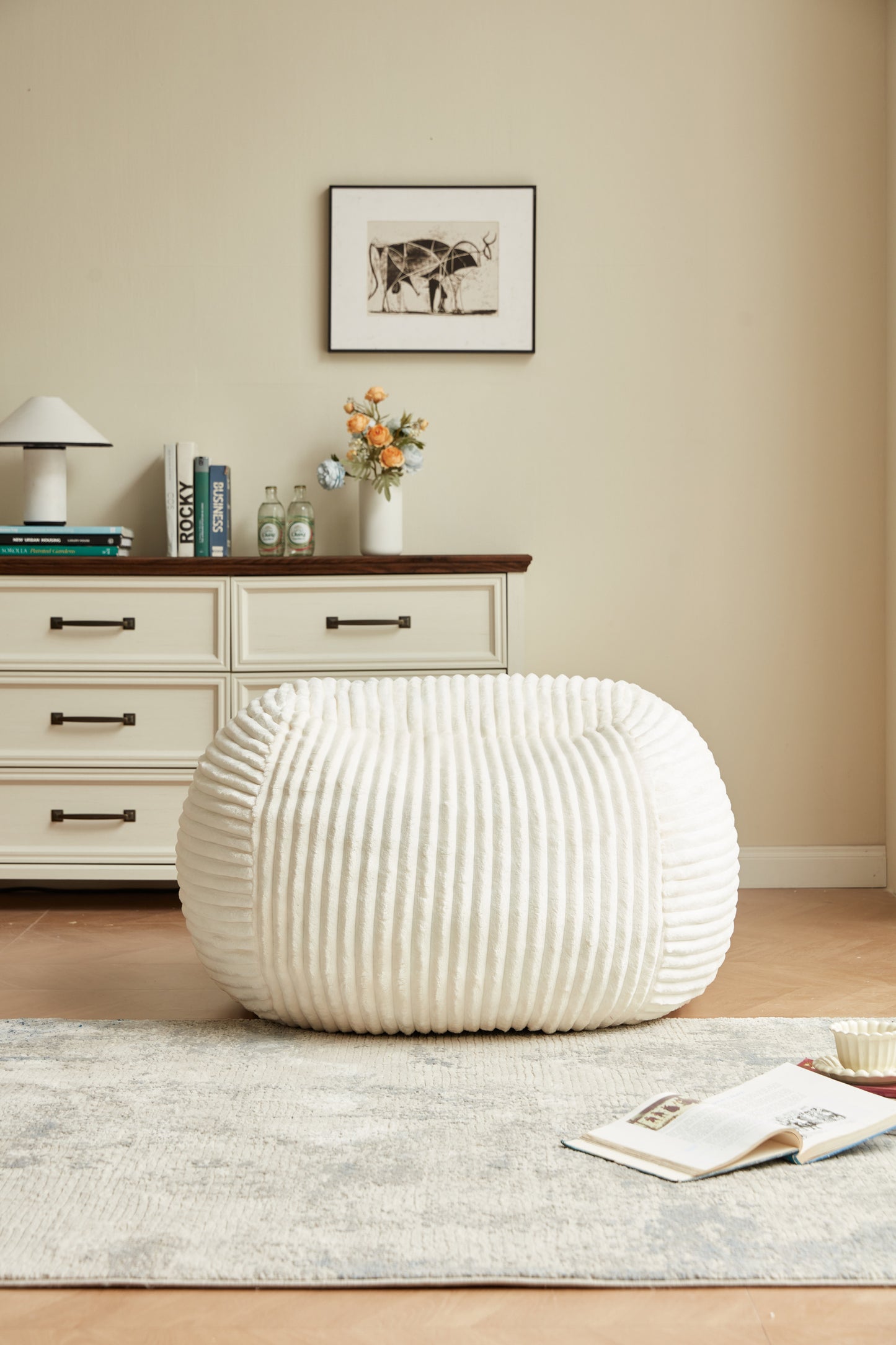 Cozy Off-White Bean Bag Chair for Living Room, Memory Foam
