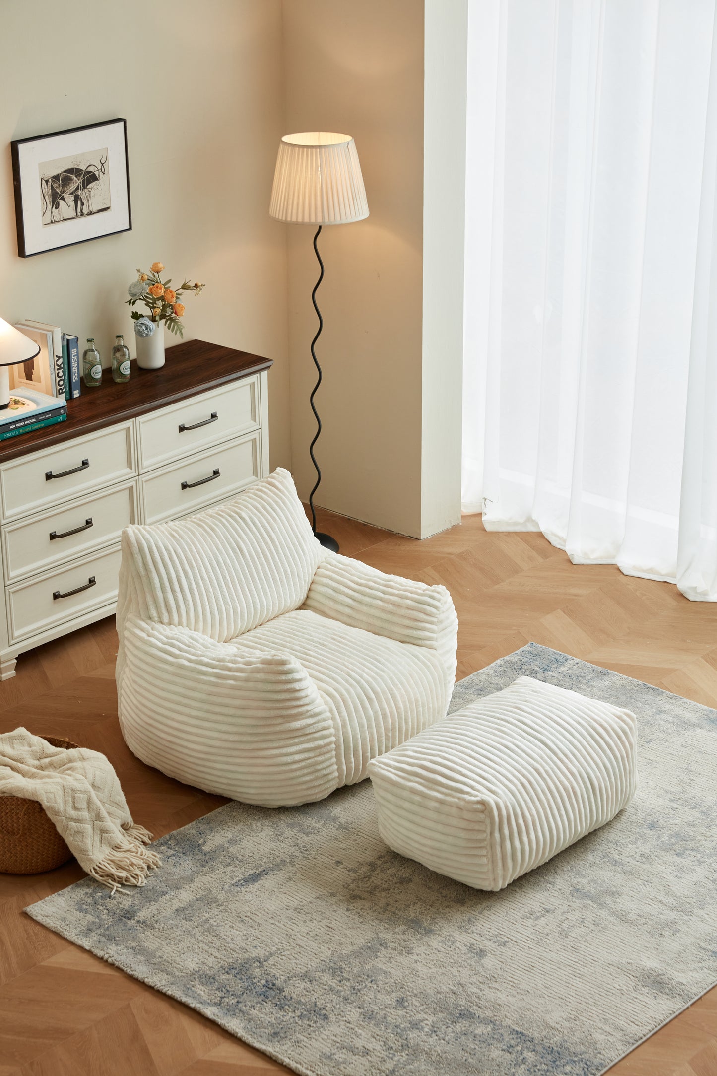 Oversized Faux Fur Bean Bag Chair & Ottoman for Living Room