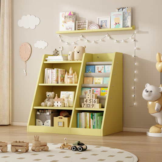 Playful Yellow Bookshelf & Toy Bin for Nursery, Easy Access