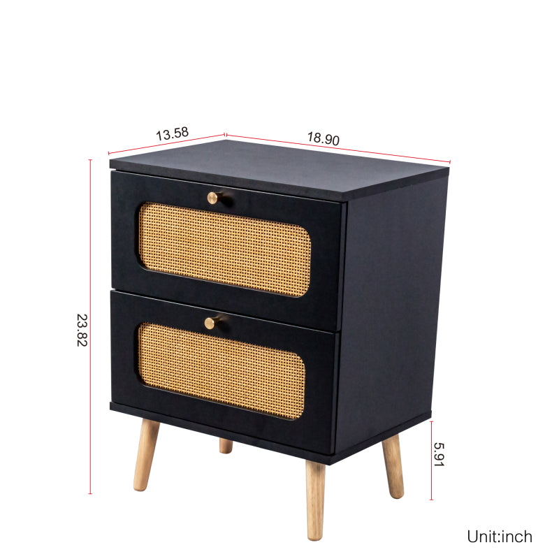 Boho Rattan Nightstand for Bedroom with Handwoven Fronts
