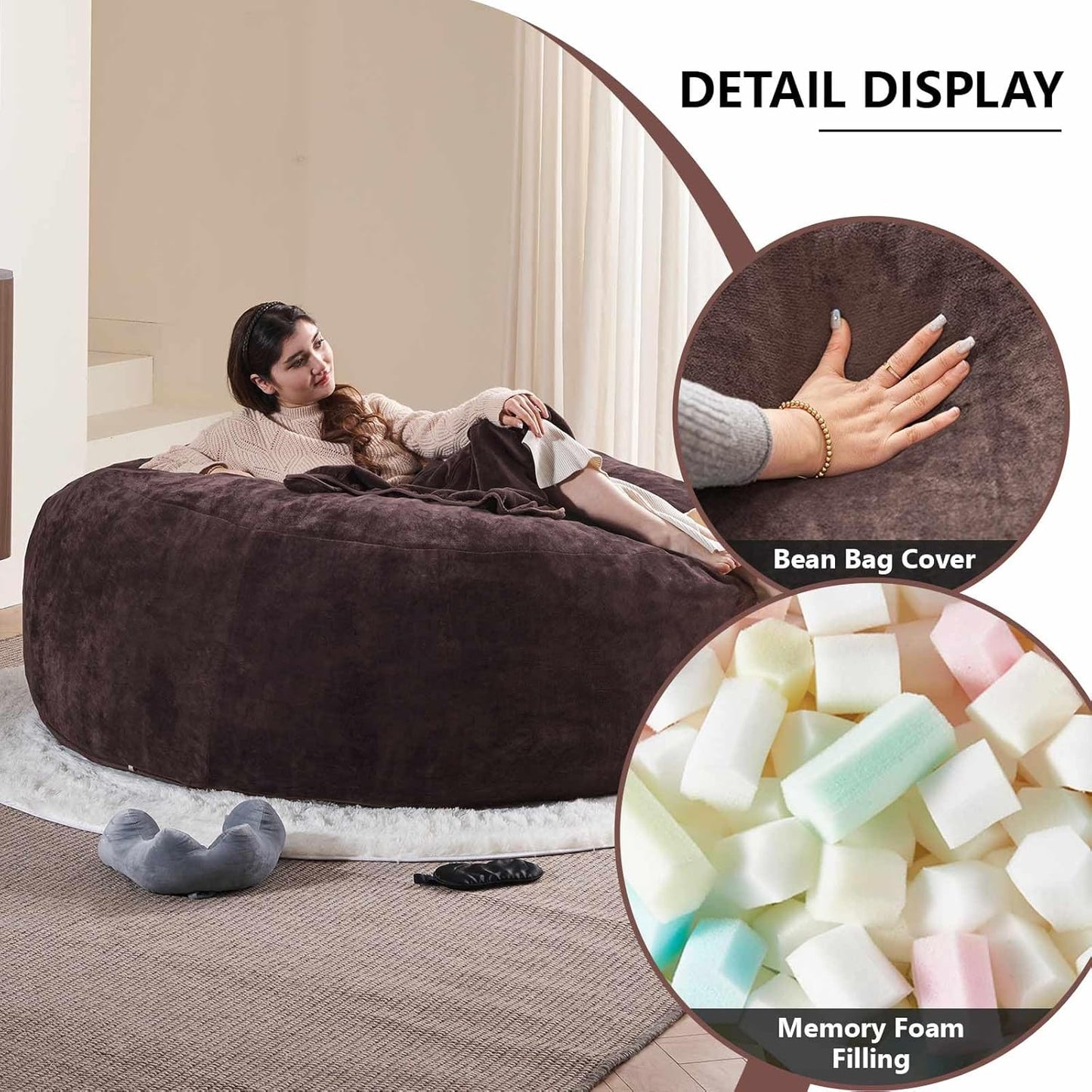 Cozy Bean Bag Chair for Living Room & Bedroom, Memory Foam