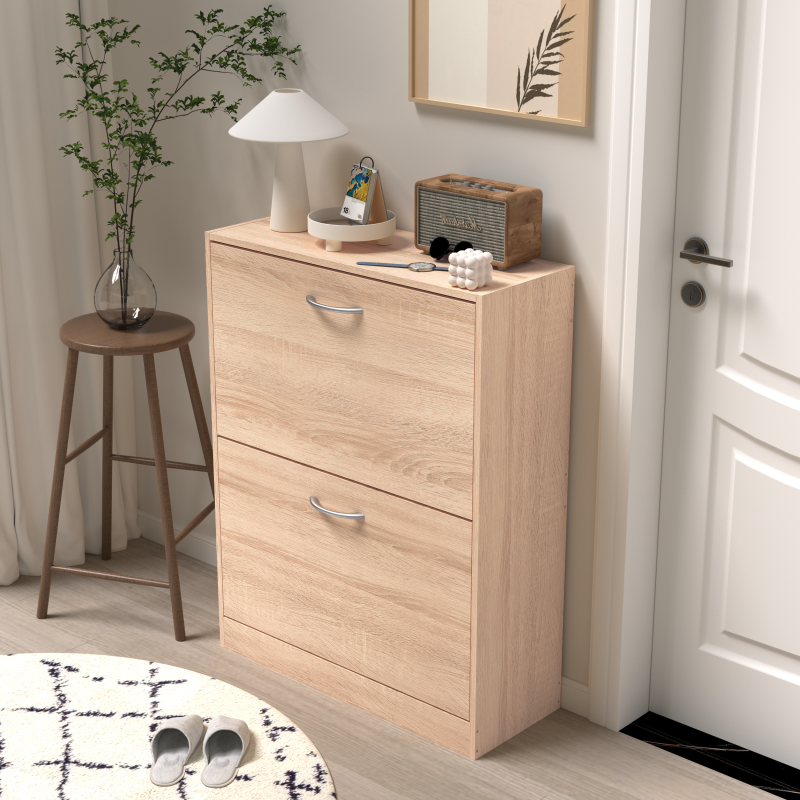 Modern Oak Shoe Cabinet for Entryway with Dual Flip Doors