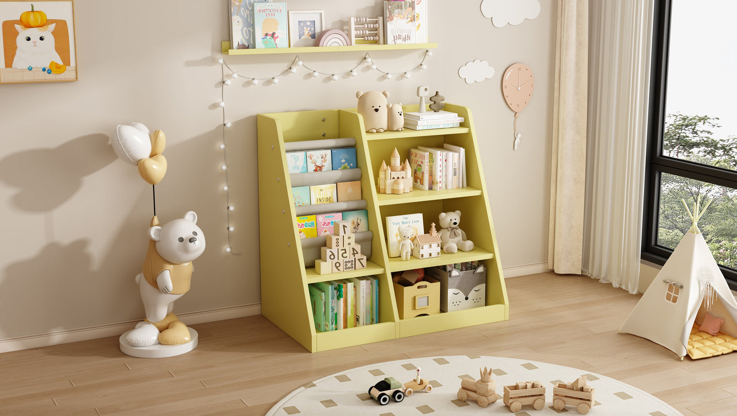 Playful Yellow Bookshelf & Toy Bin for Nursery, Easy Access