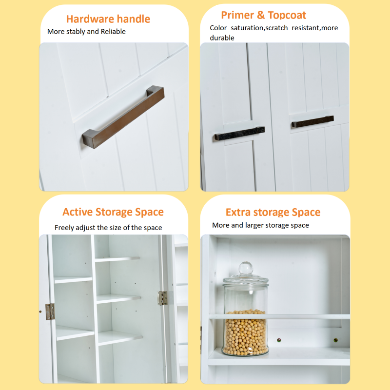 Modern White Pantry Cabinet for Kitchen, Adjustable Shelves