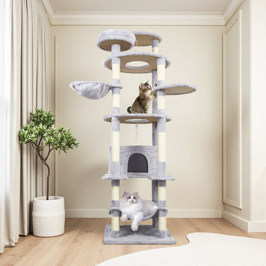 Modern Gray Cat Tree for Living Room, Cozy Hideaway