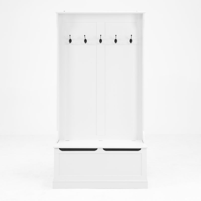 Modern White Hall Tree Bench, Entryway Shoe Storage, 5 Hooks