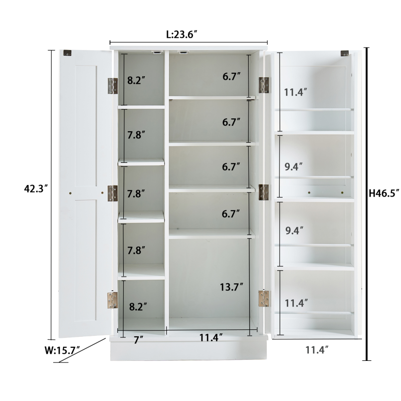 Modern White Pantry Cabinet for Kitchen, Adjustable Shelves