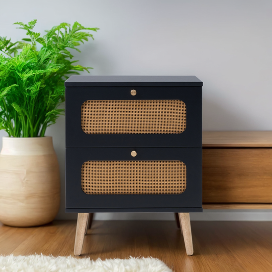 Boho Rattan Nightstand for Bedroom with Handwoven Fronts