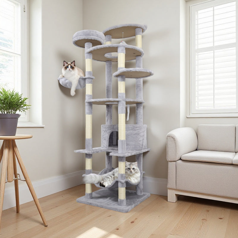 Modern Gray Cat Tree for Living Room, Cozy Hideaway