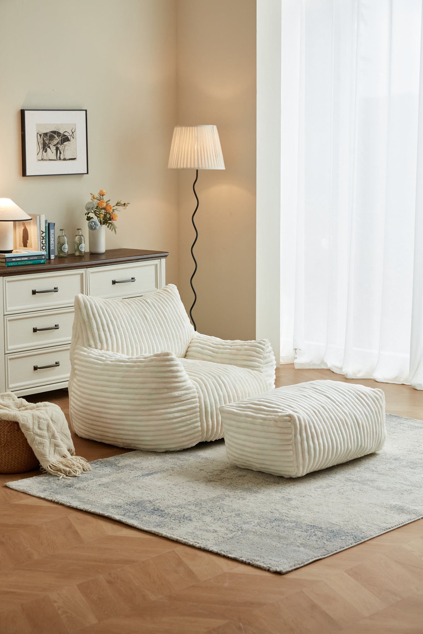 Oversized Faux Fur Bean Bag Chair & Ottoman for Living Room