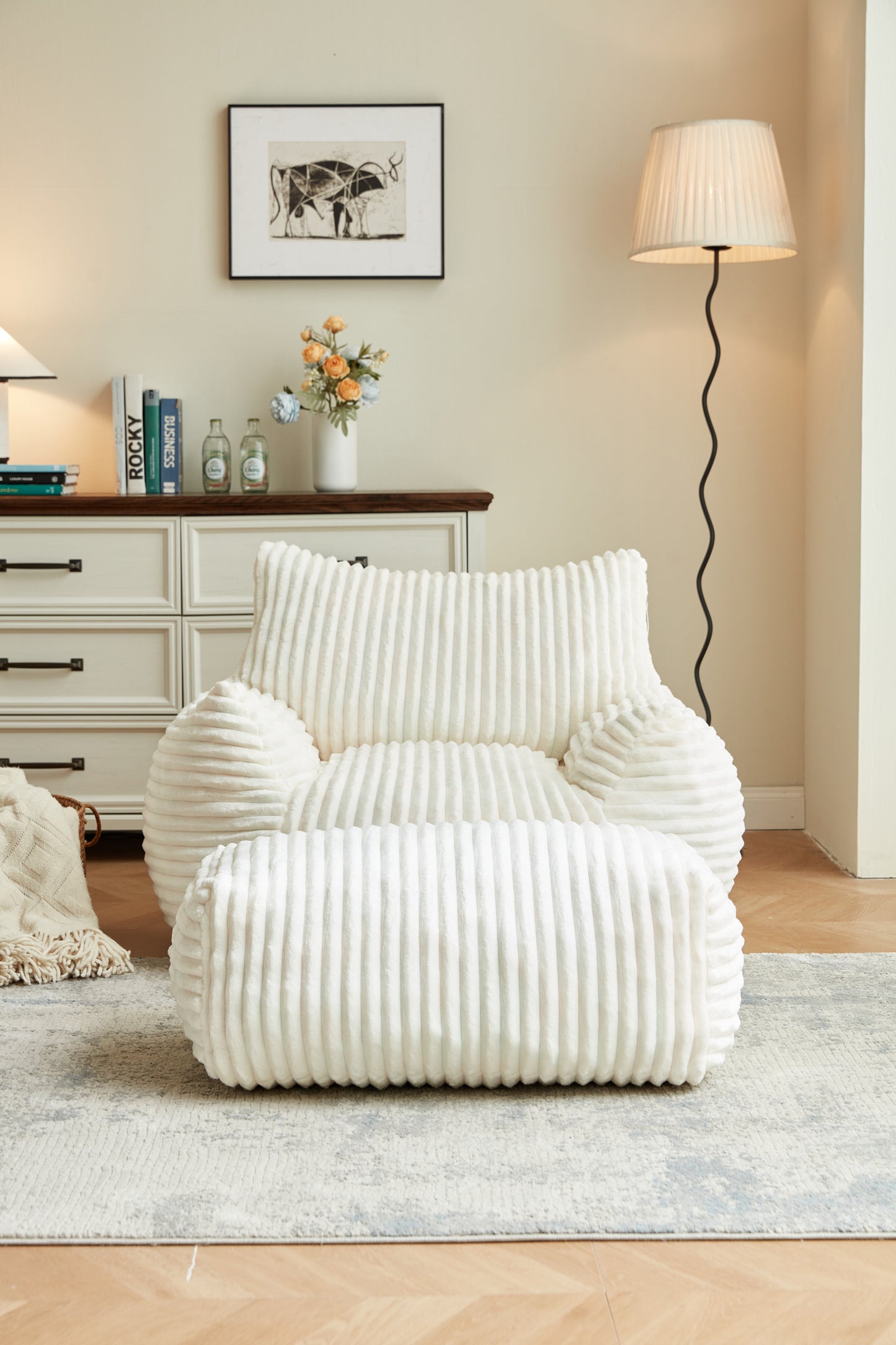 Oversized Faux Fur Bean Bag Chair & Ottoman for Living Room