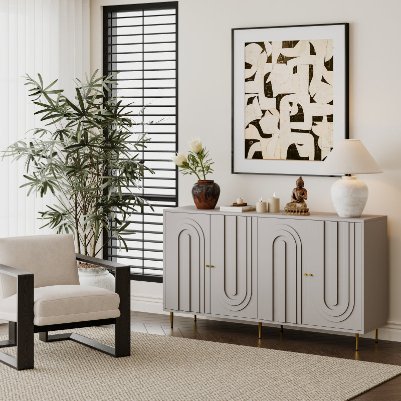 Modern Gray Sideboard for Dining & Entryway, 4-Door Storage
