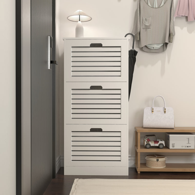 Modern Slim White Shoe Cabinet for Entryway, 3 Flip Doors