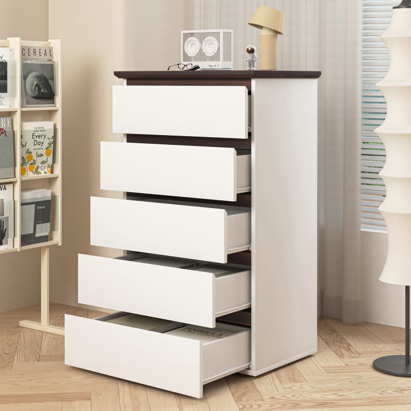 Modern 5-Drawer Bedroom Dresser, Two-Tone White & Walnut