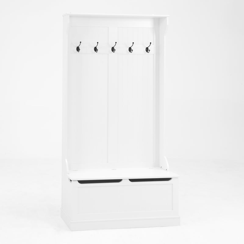 Modern White Hall Tree Bench, Entryway Shoe Storage, 5 Hooks