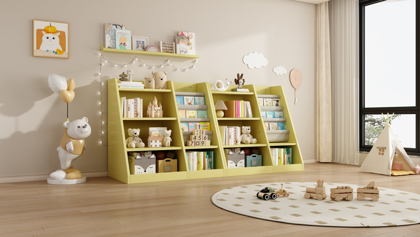 Playful Yellow Bookshelf & Toy Bin for Nursery, Easy Access