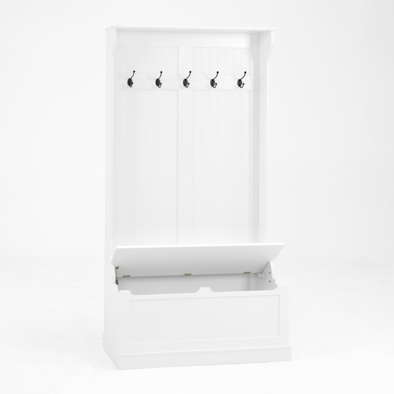 Modern White Hall Tree Bench, Entryway Shoe Storage, 5 Hooks