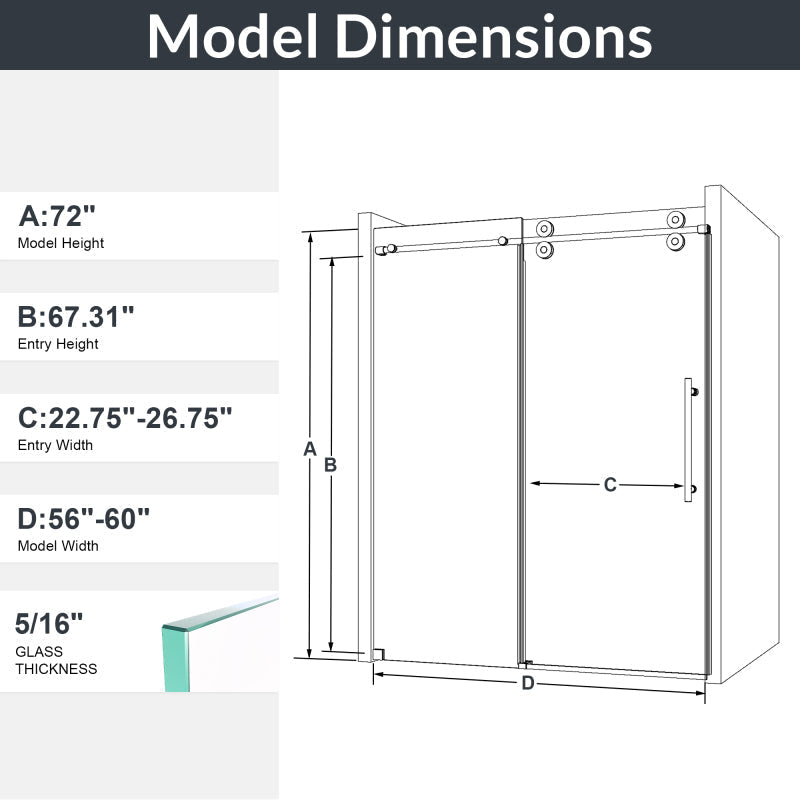 Frameless Sliding Shower Door 56-60 in, Matte Black 8mm