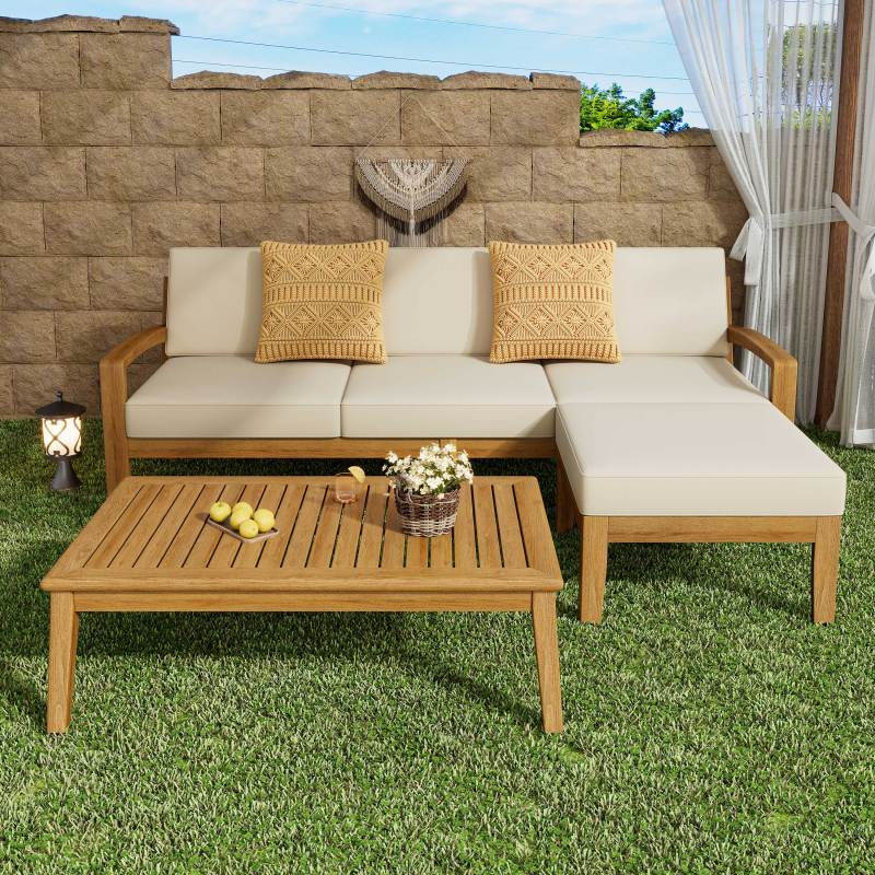 GRENADA Rustic L-Shaped Patio Sectional Sofa Set Acacia Wood