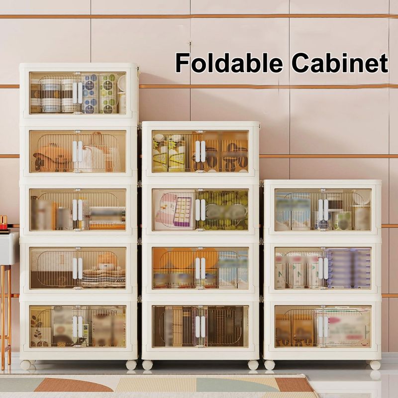 Modern Folding Closet Cabinet with Wheels, 3-Tier