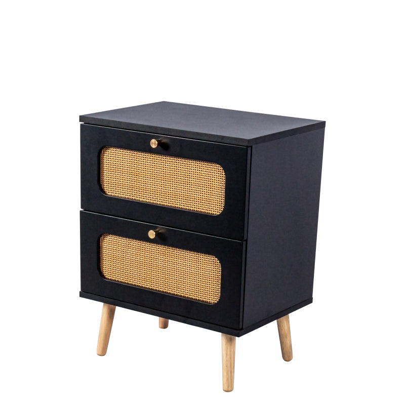 Boho Rattan Nightstand for Bedroom with Handwoven Fronts