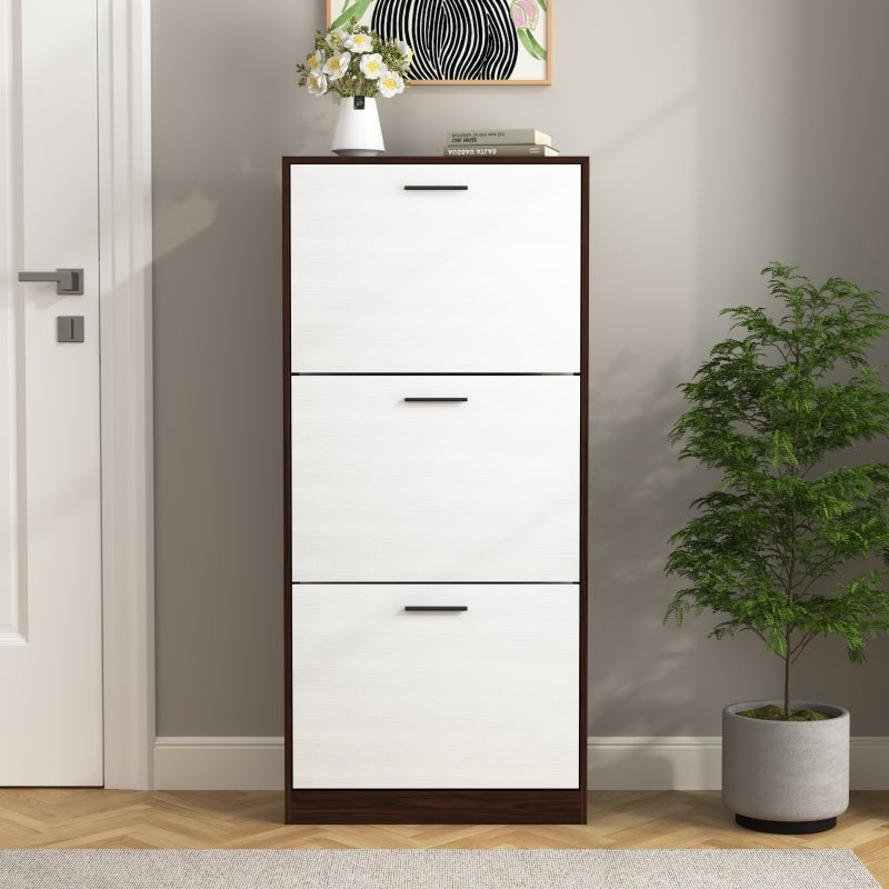 Modern Slim White Shoe Cabinet for Entryway, 3 Flip Drawers