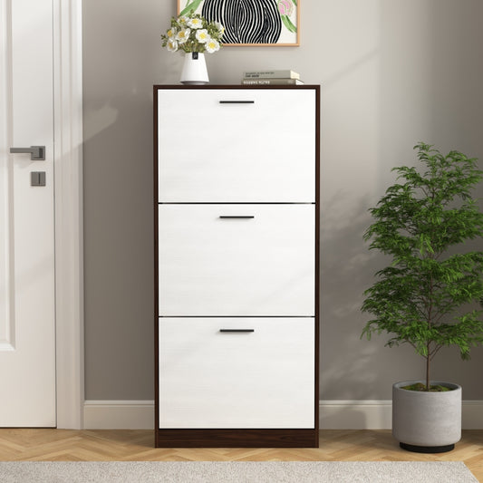 Modern Slim White Shoe Cabinet for Entryway, 3 Flip Drawers