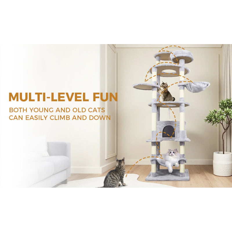 Modern Gray Cat Tree for Living Room, Cozy Hideaway