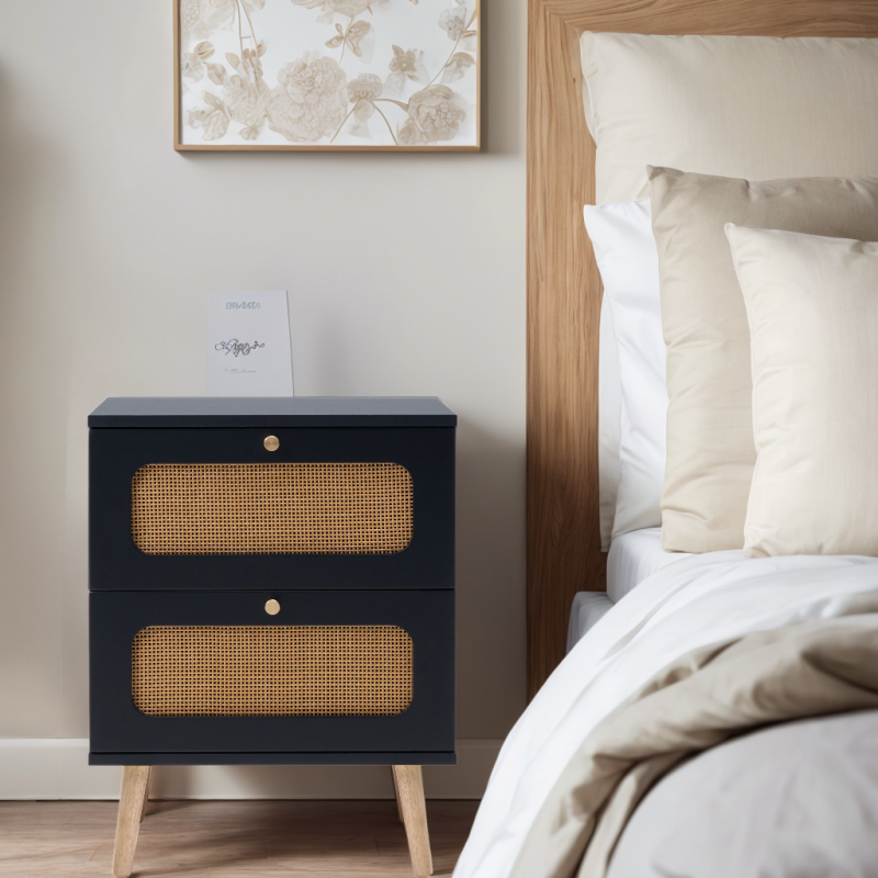 Boho Rattan Nightstand for Bedroom with Handwoven Fronts