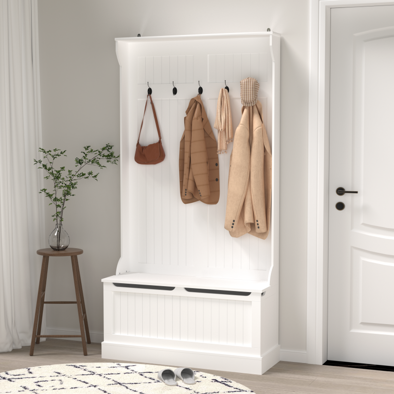 Modern White Hall Tree Bench, Entryway Shoe Storage, 5 Hooks