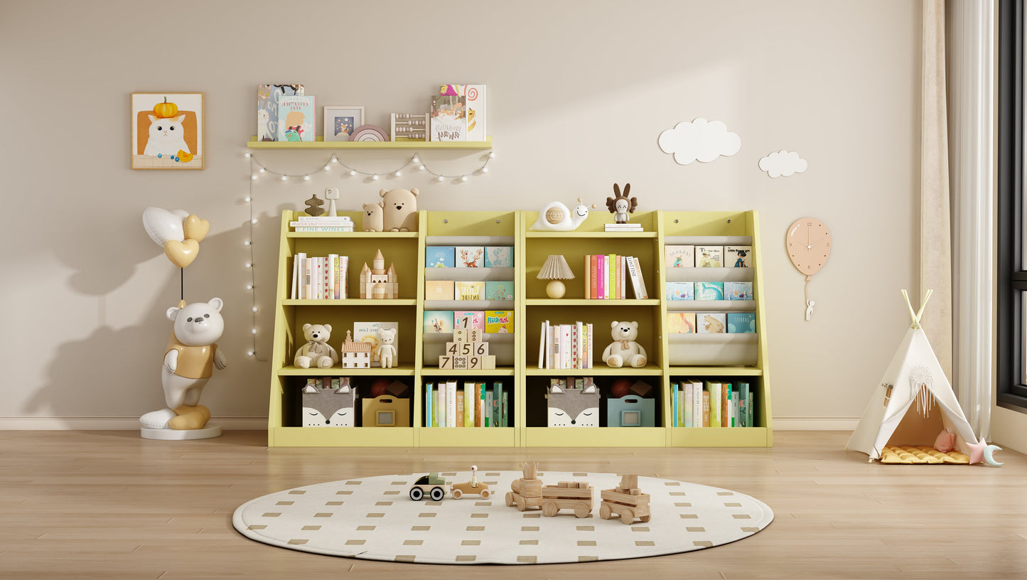 Playful Yellow Bookshelf & Toy Bin for Nursery, Easy Access