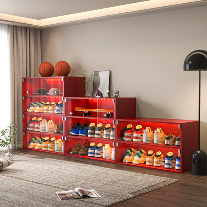 Modern Red LED Shoe Cabinet, Entryway 3-Tier Glass Doors