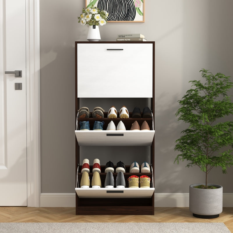 Modern Slim White Shoe Cabinet for Entryway, 3 Flip Drawers