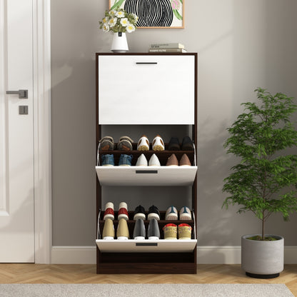 Modern Slim White Shoe Cabinet for Entryway, 3 Flip Drawers