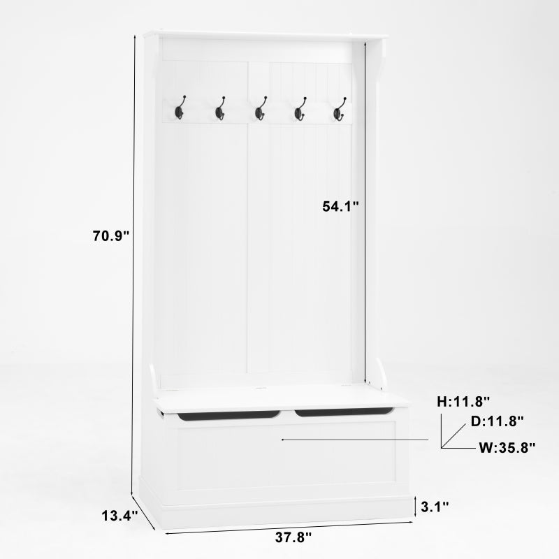 Modern White Hall Tree Bench, Entryway Shoe Storage, 5 Hooks