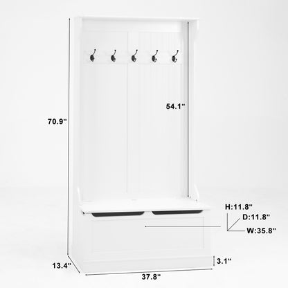 Modern White Hall Tree Bench, Entryway Shoe Storage, 5 Hooks