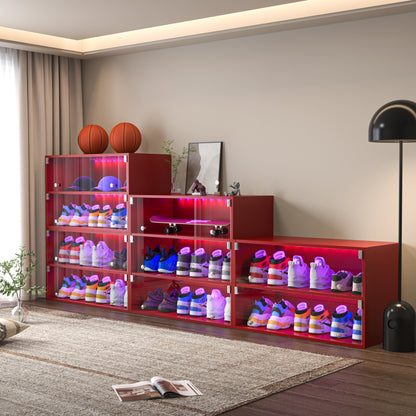 Modern Red LED Shoe Cabinet, Entryway 3-Tier Glass Doors