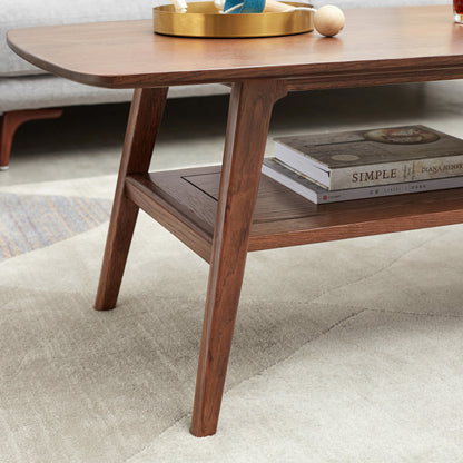Modern Coffee Table for Living Room, Solid Oak Top & Shelf