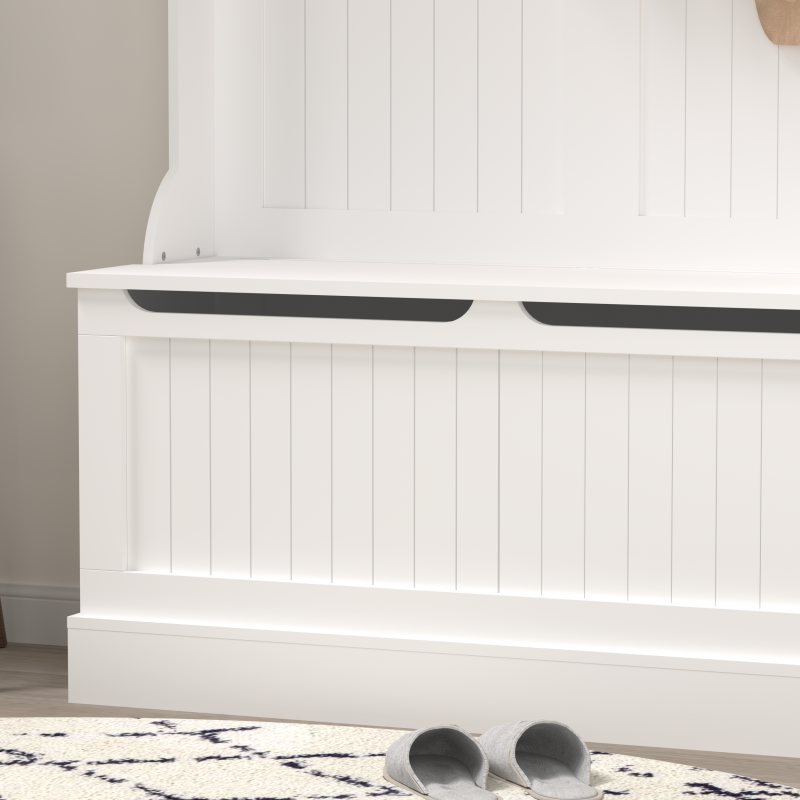 Modern White Hall Tree Bench, Entryway Shoe Storage, 5 Hooks