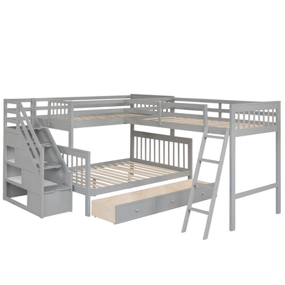 Gray L-Shaped Twin/Full Kids' Bunk Bed with Drawers
