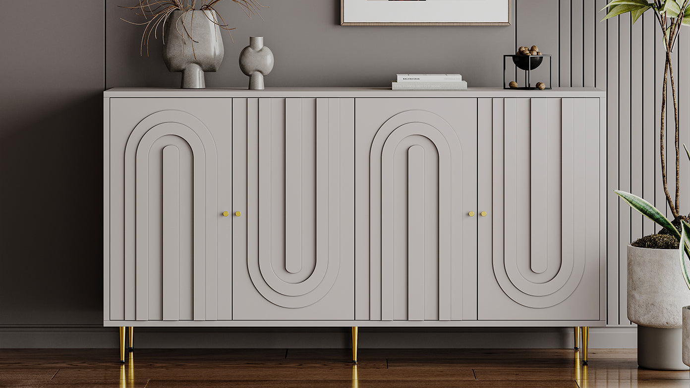 Modern Gray Sideboard for Dining & Entryway, 4-Door Storage