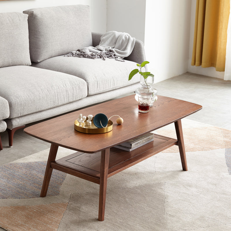Modern Coffee Table for Living Room, Solid Oak Top & Shelf