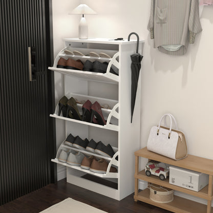 Modern Slim White Shoe Cabinet for Entryway, 3 Flip Doors