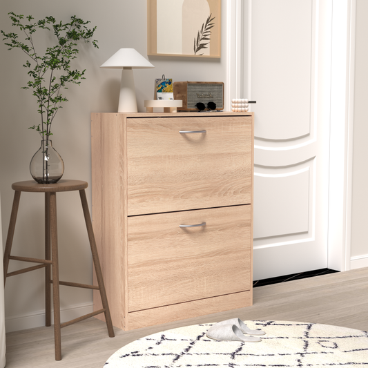 Modern Oak Shoe Cabinet for Entryway with Dual Flip Doors