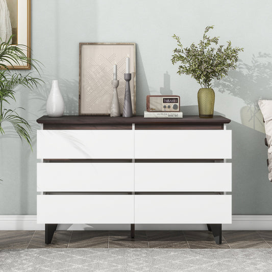 Modern 6-Drawer Dresser for Bedroom, Wide White & Walnut