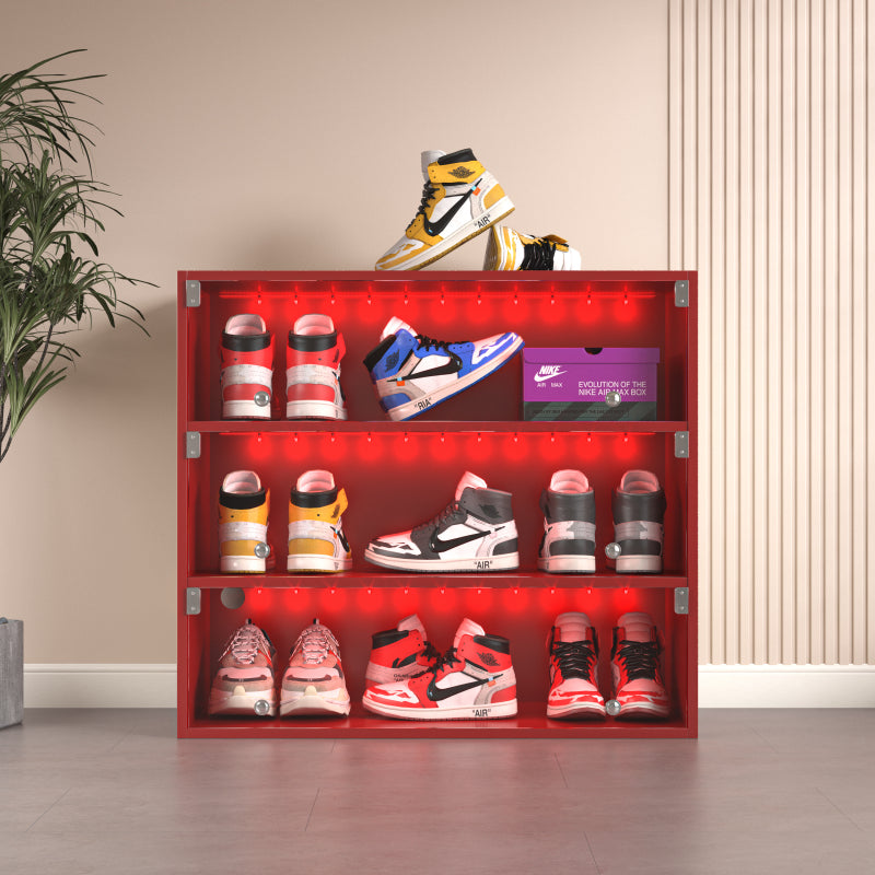 Modern Red LED Shoe Cabinet, Entryway 3-Tier Glass Doors