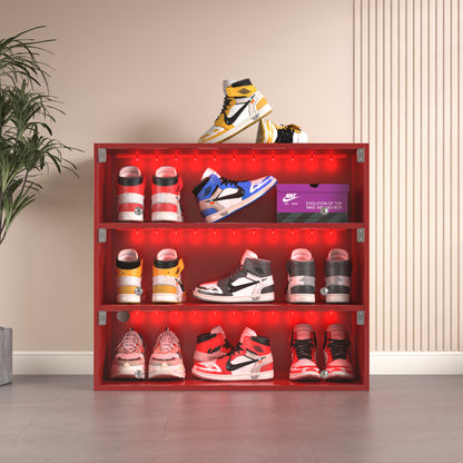 Modern Red LED Shoe Cabinet, Entryway 3-Tier Glass Doors